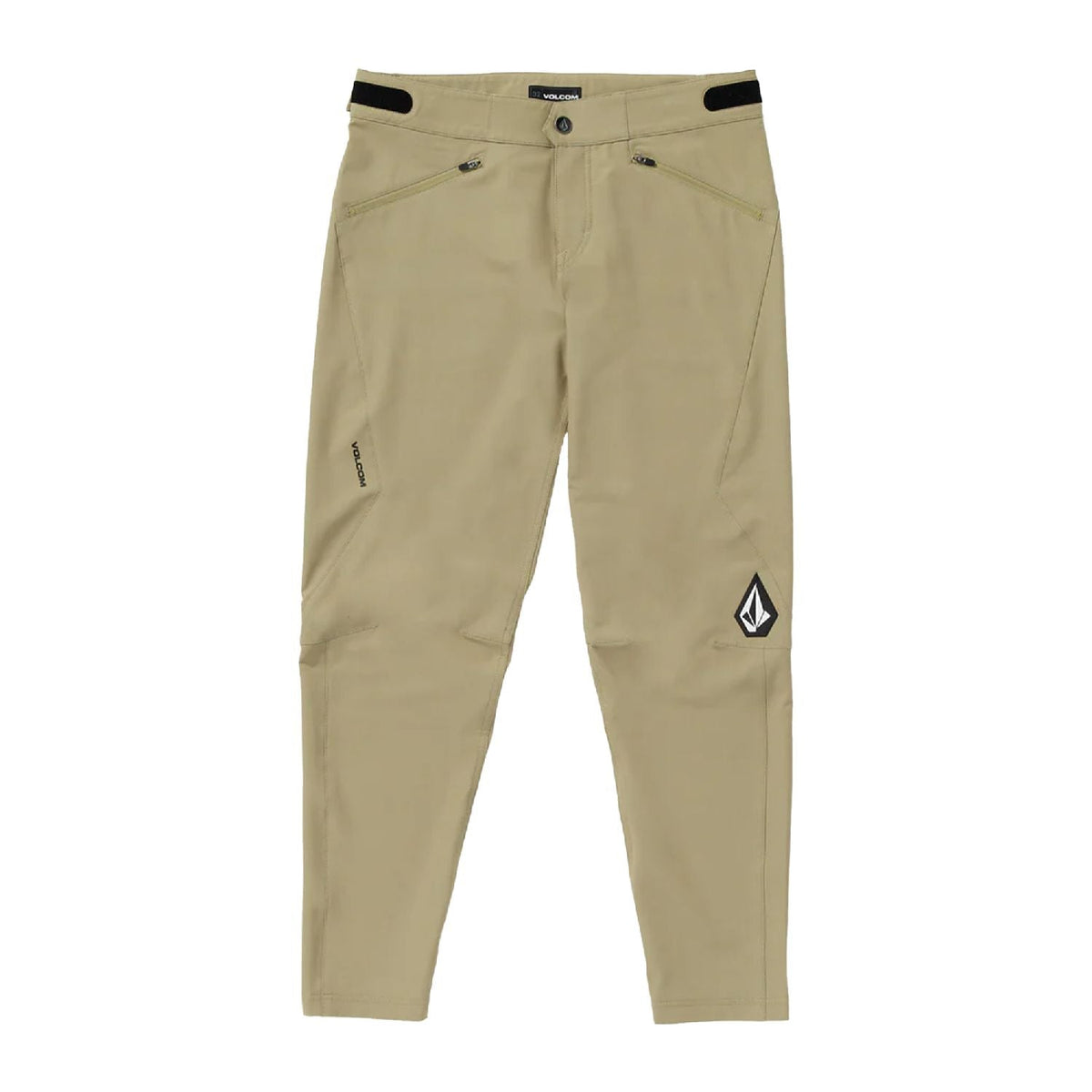 Khaki bike pants with zip fly, button waist, and knee pocket; Volcom logo patch