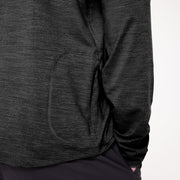 Men's black heather hoodie close-up of front pocket and hem with drawcord