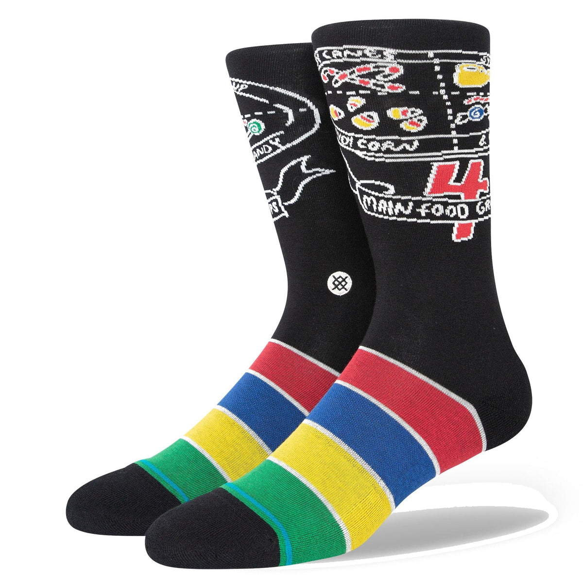 Black crew socks with colorful food-graphic band and striped toe