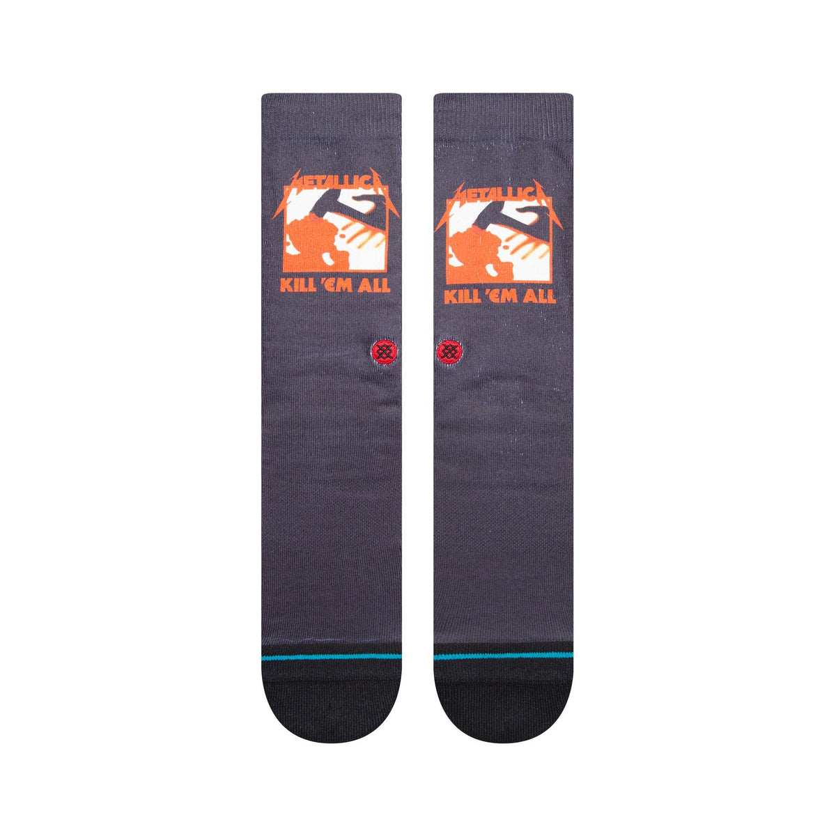Black crew socks with orange graphic, blue stripe, and 'KILL'EM ALL' text.