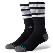 Black crew socks with gray and white striped cuff, small emblem, cushioned toe