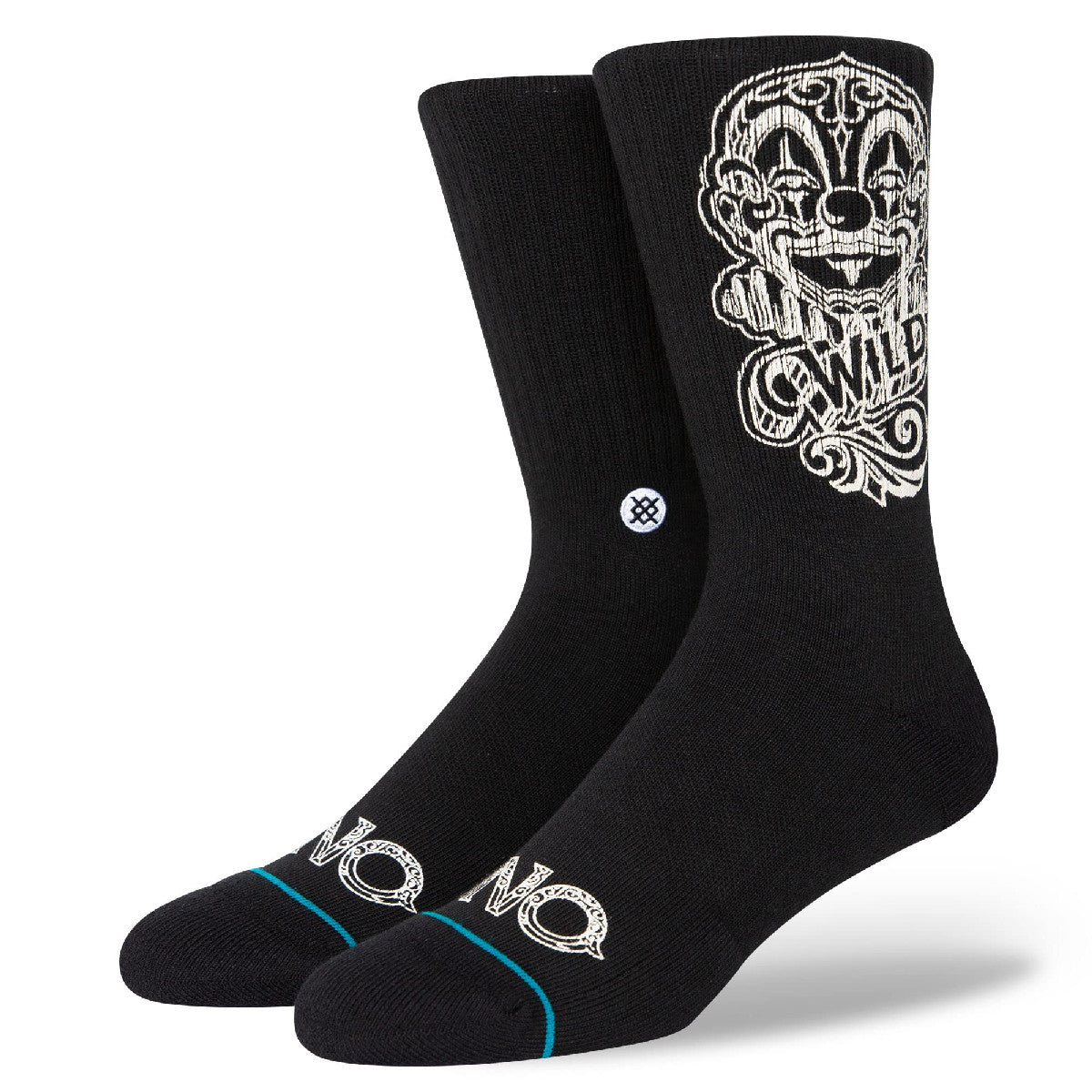 Black crew socks with white cartoon face graphic and small blue stripe at toe