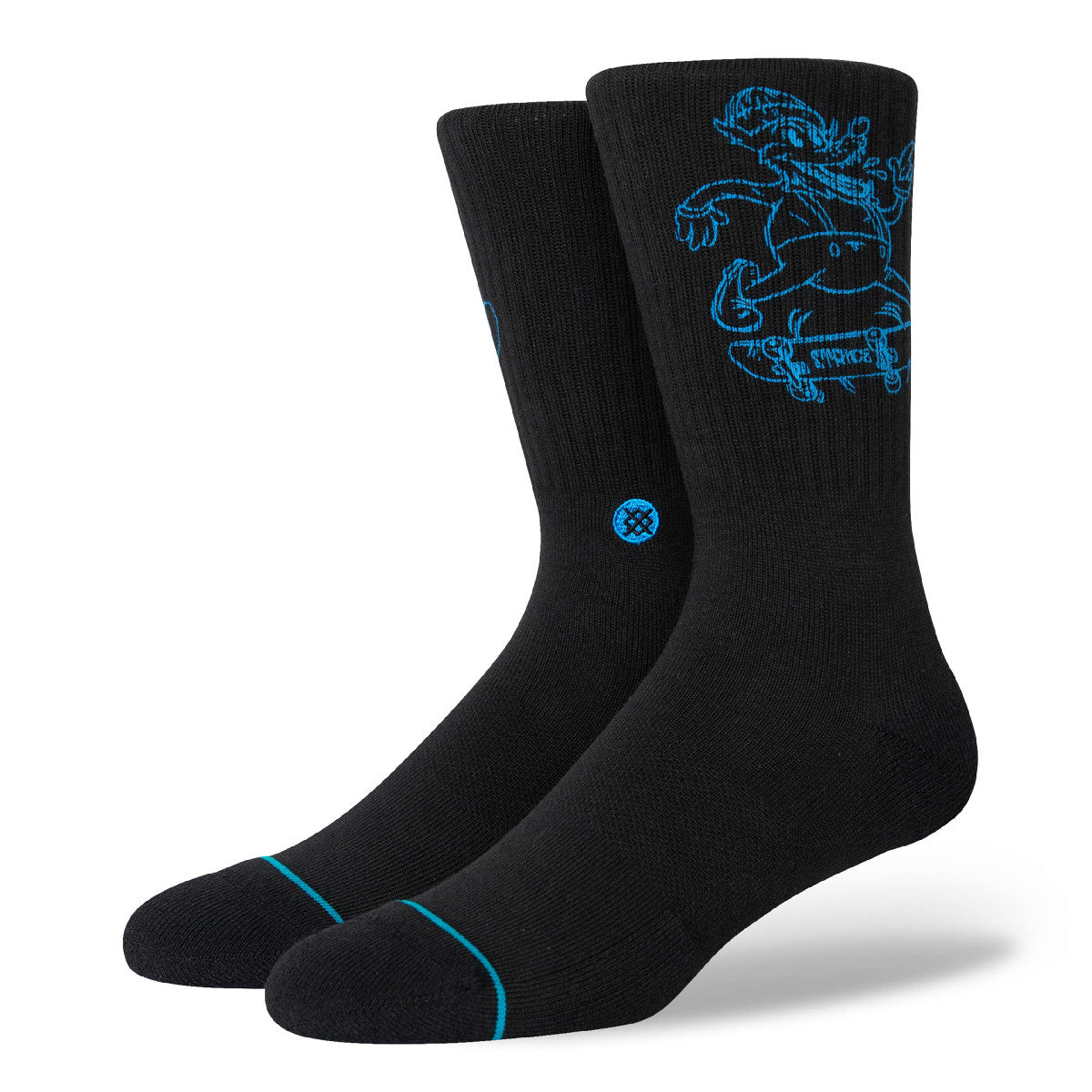 Stance Wolfman socks in black with blue wolf graphic and blue toe accents