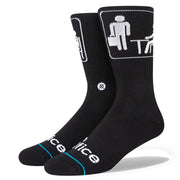 Black crew socks with white character graphic and blue trim, mid-calf length