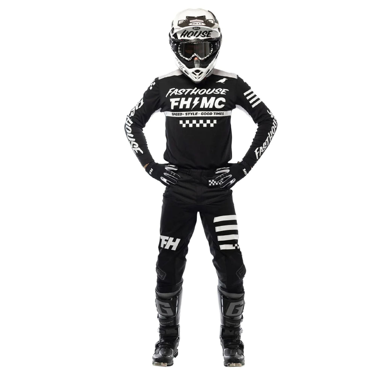 Black long-sleeve jersey with white logos and checkered chest graphic