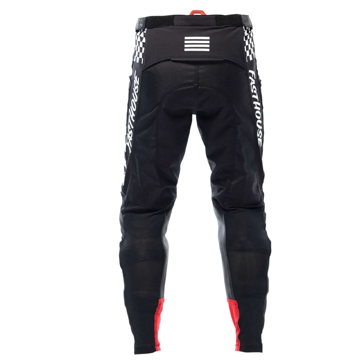 Black motorcycle riding pants, rear view, with white logo markings and red lower cuffs