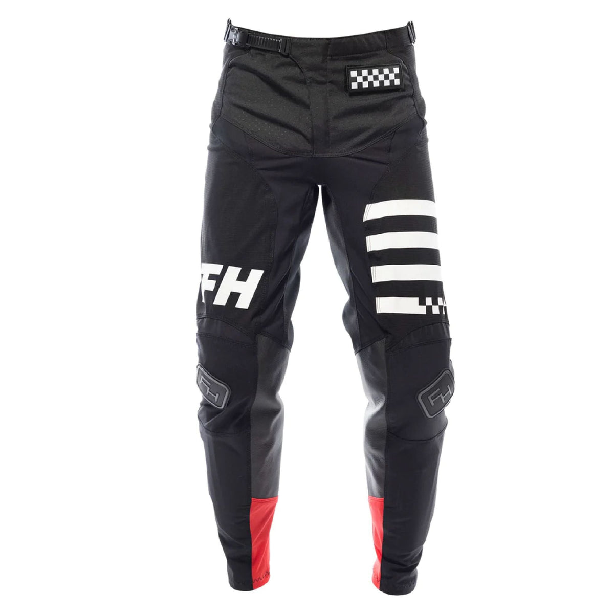 Black motorcycle riding pants with white stripe graphics, check patch, and red lower panels