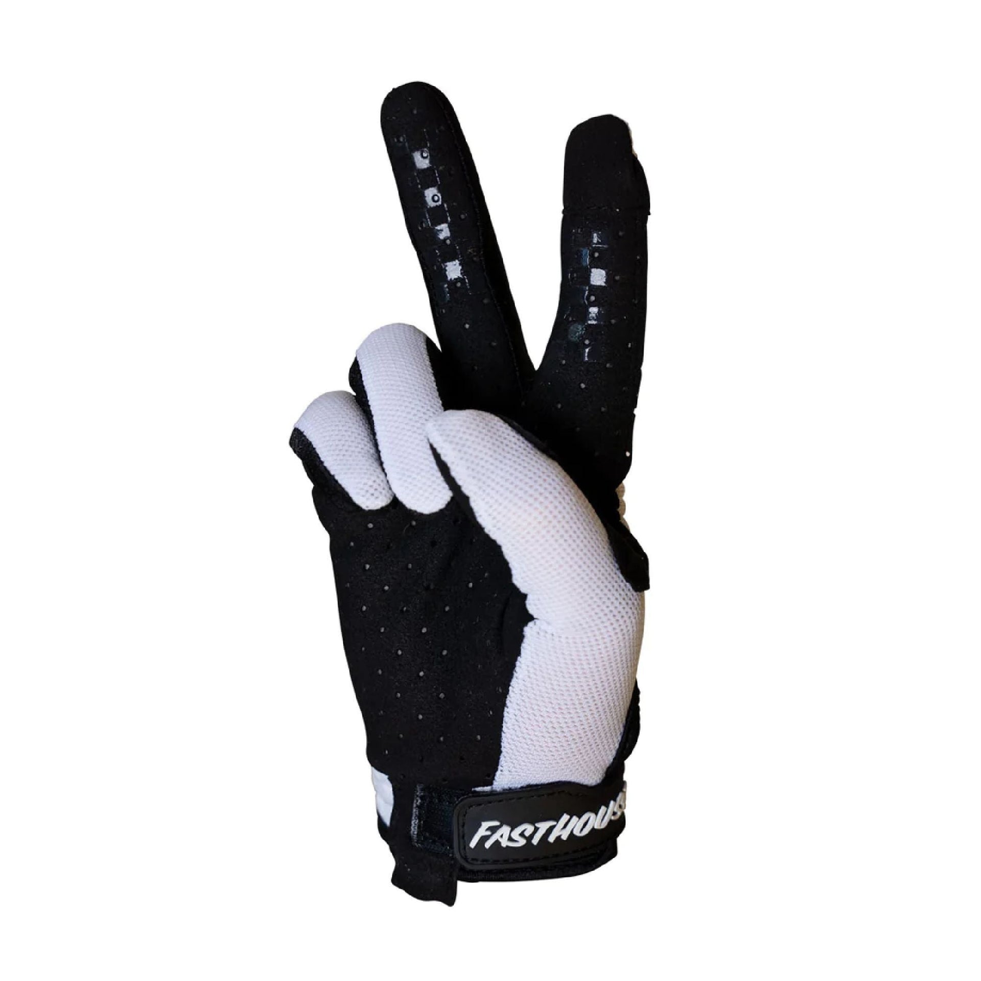 Fasthouse youth A/C Elrod Air gloves, black back with speckled pattern and white wrist patch