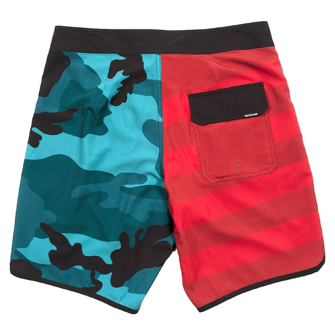 Red and blue camo 18-inch boardshorts with black waist, drawstring, and front pocket