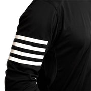 Youth long-sleeve jersey sleeve close-up, black with three white stripe accents