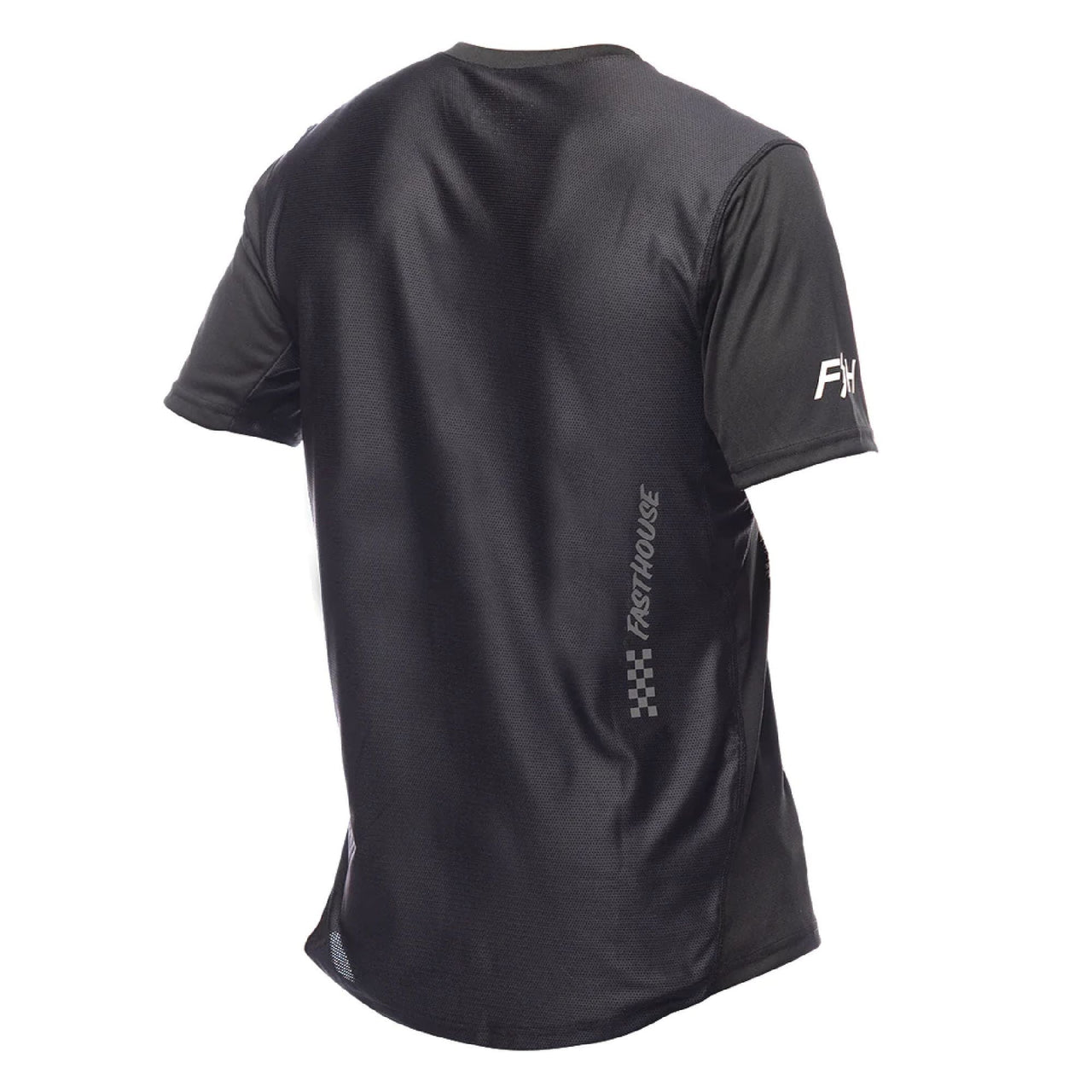 Black short-sleeve cycling jersey, checkered logo and side/vertical branding on back