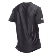 Black short-sleeve cycling jersey, checkered logo and side/vertical branding on back