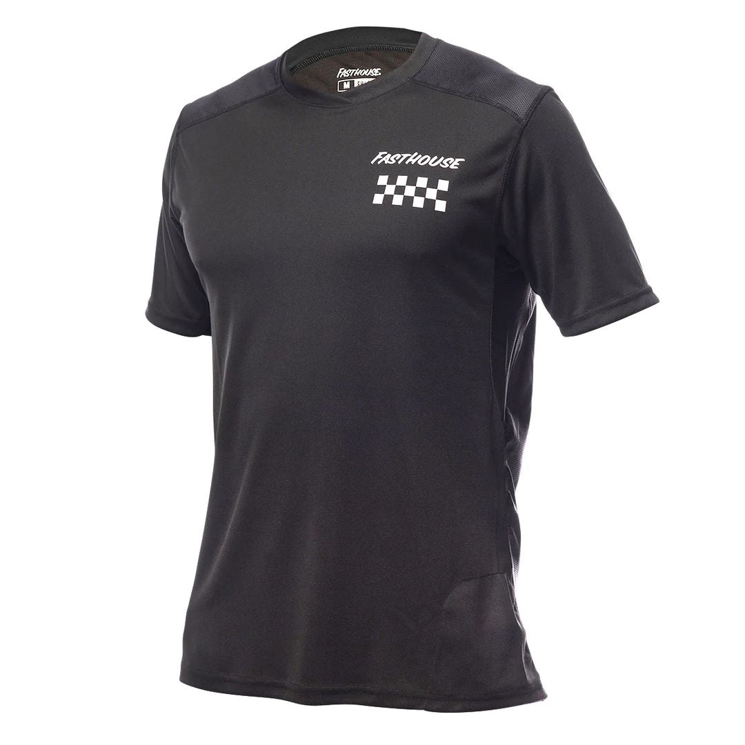 Black short-sleeve cycling jersey with Fasthouse checkered logo at chest