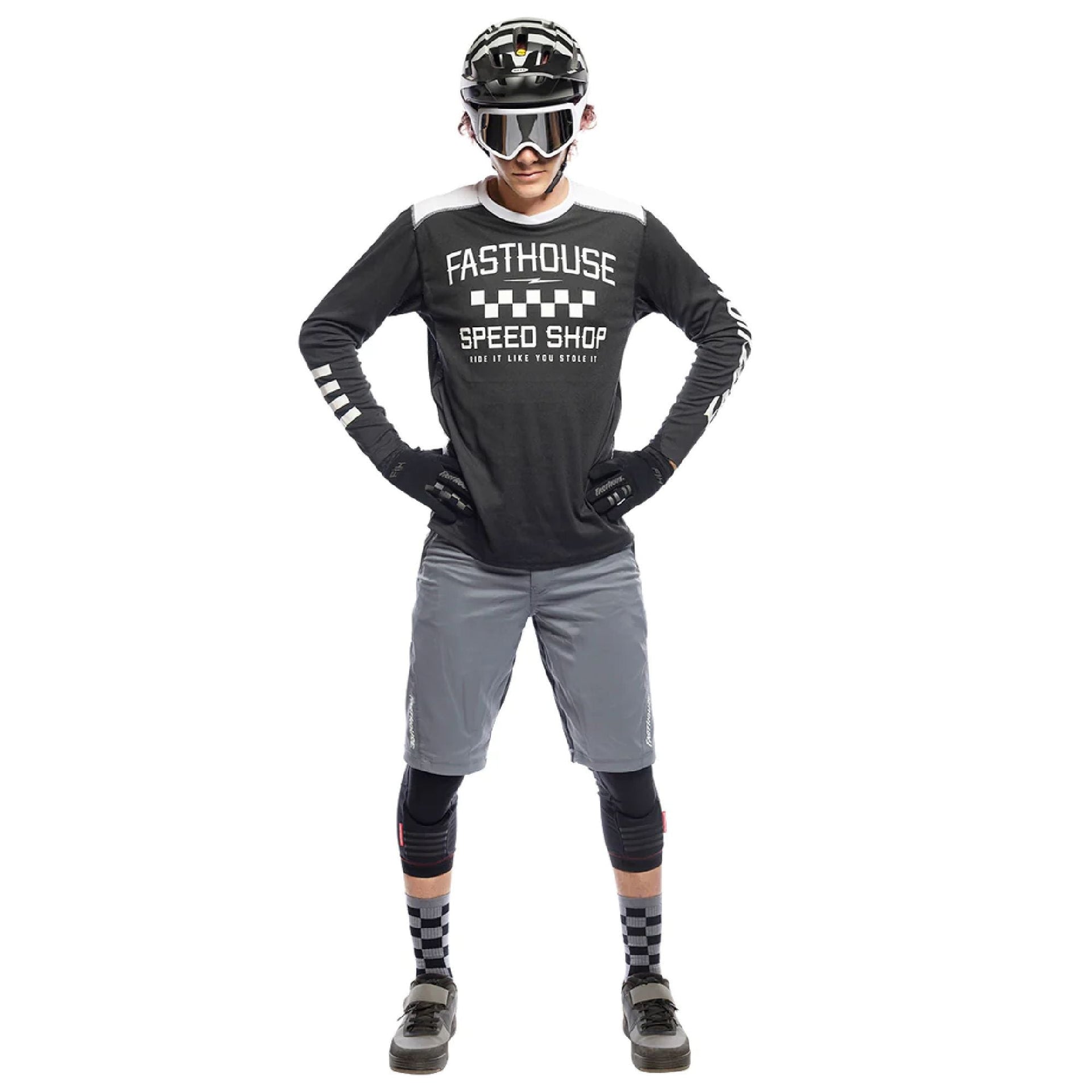 Long-sleeve motorcycle jersey, black with Speed Shop front graphic and white trim