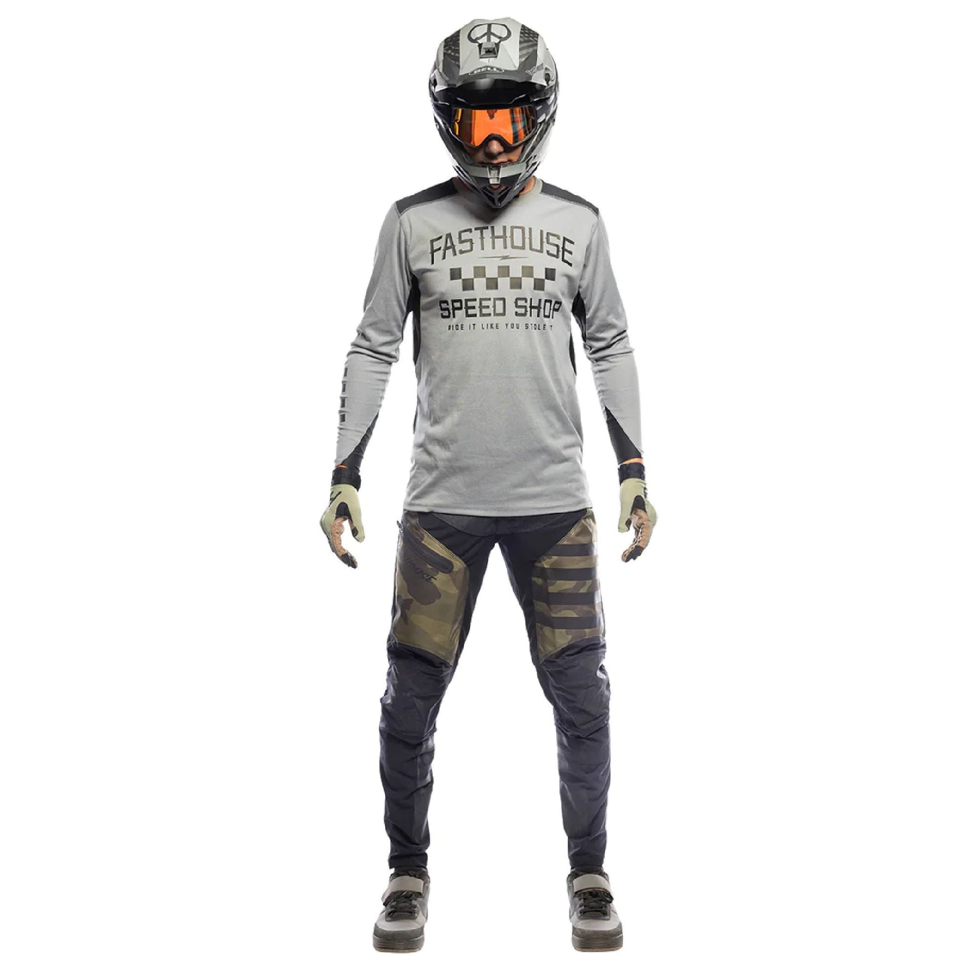 Long-sleeve motorcycle jersey, light gray with Speed Shop back print and black accents