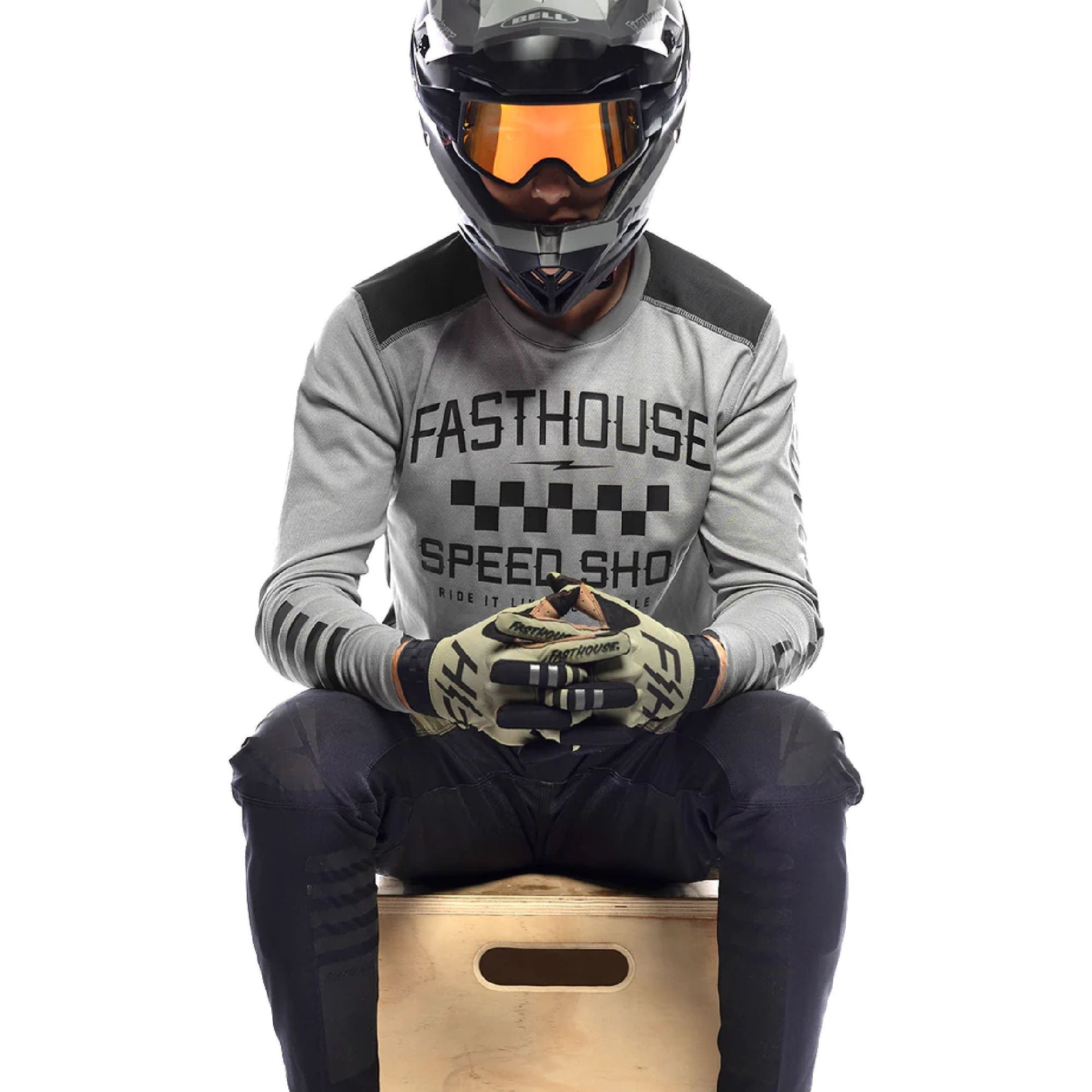 Long-sleeve motorcycle jersey, light gray with Speed Shop logo and black sleeve stripes