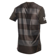 Black short-sleeve jersey with gray horizontal stripes and small checkered side mark