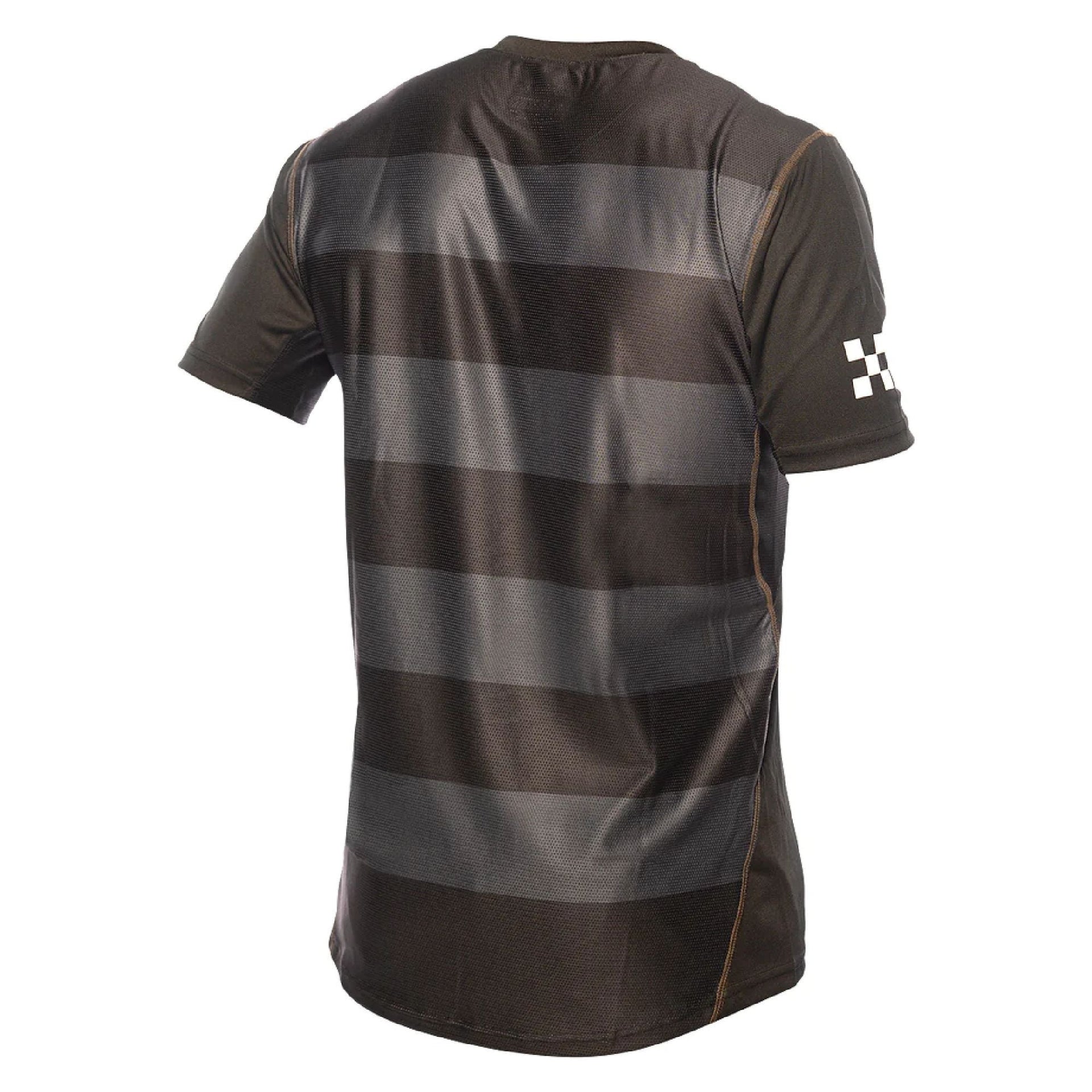 Black short-sleeve jersey with gray horizontal stripes and small checkered side mark