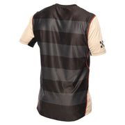 Cream-and-black short-sleeve jersey back with gray stripe bands and red side trim