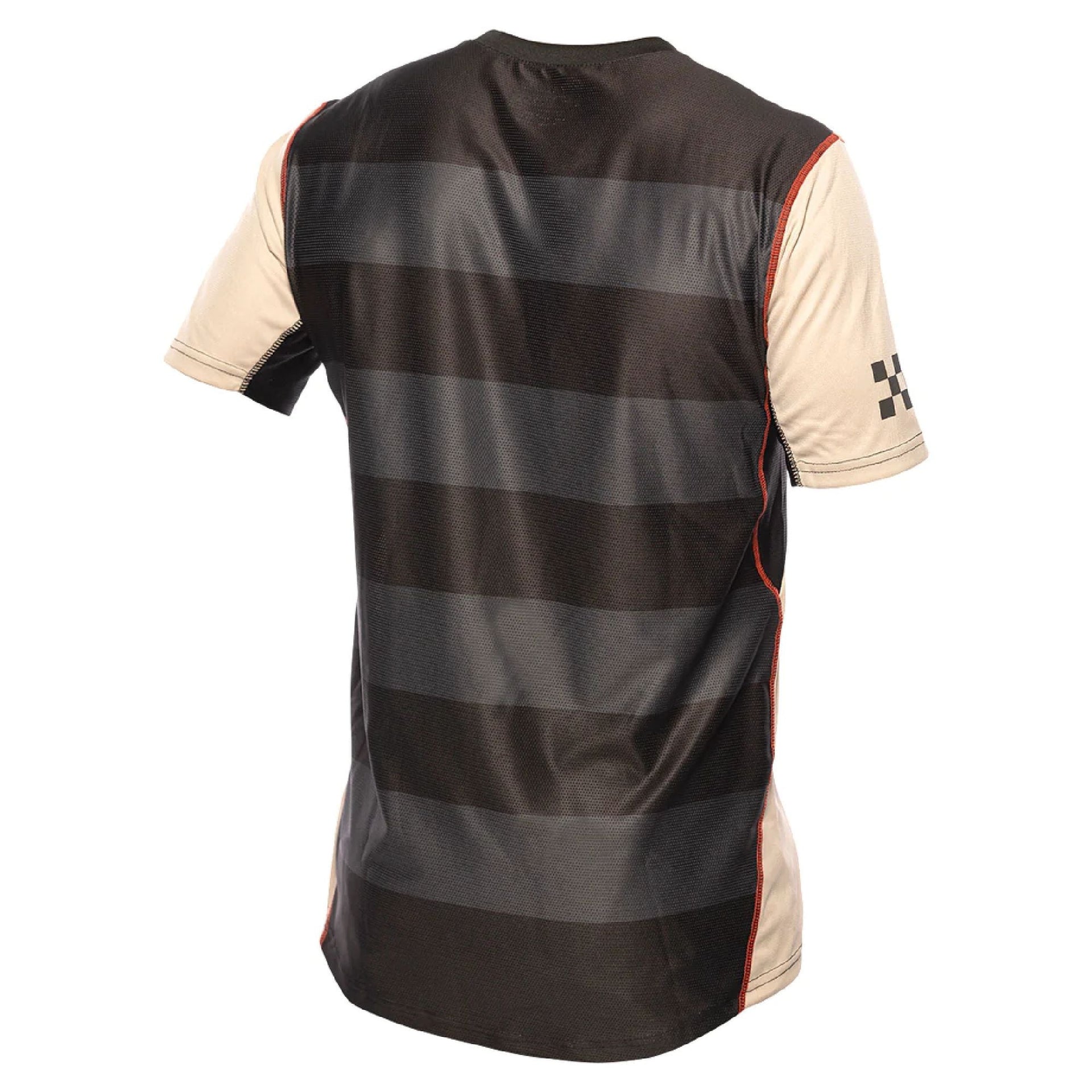 Cream-and-black short-sleeve jersey back with gray stripe bands and red side trim