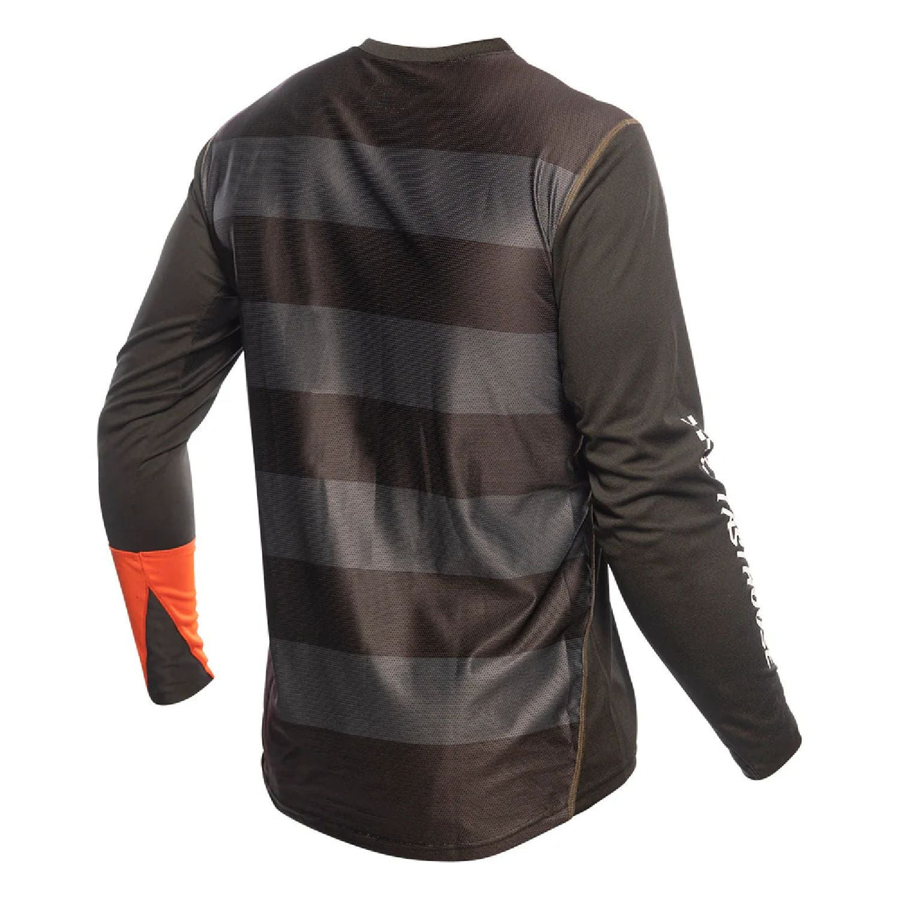 Black long-sleeve motocross jersey with striped back graphic and orange sleeve cuffs