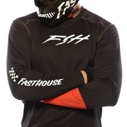 Black long-sleeve motocross jersey with white chest and sleeve logos, orange panel