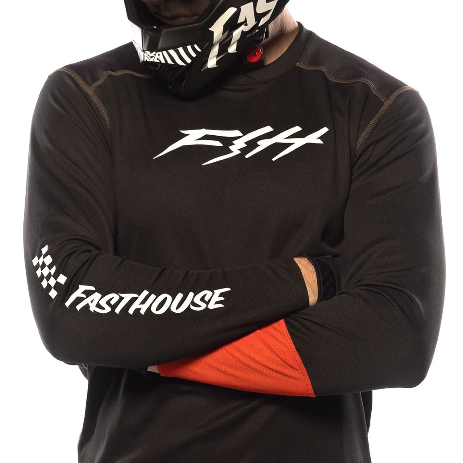 Black long-sleeve motocross jersey with white chest and sleeve logos, orange panel