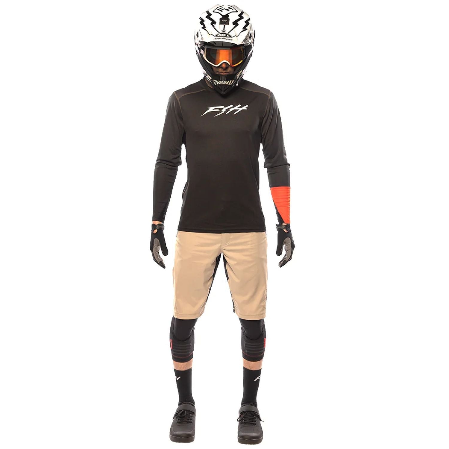 Black long-sleeve motocross jersey with white chest graphic and orange sleeve stripe