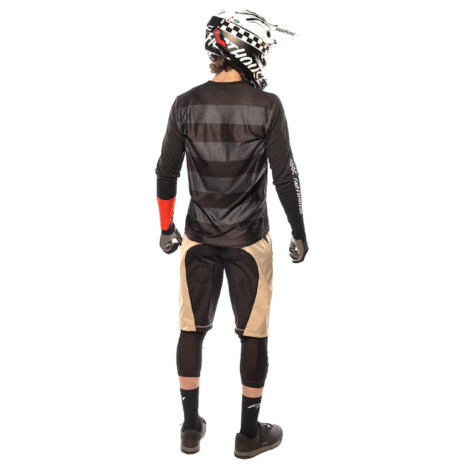 Back view of two-tone riding shorts with black and cream panels