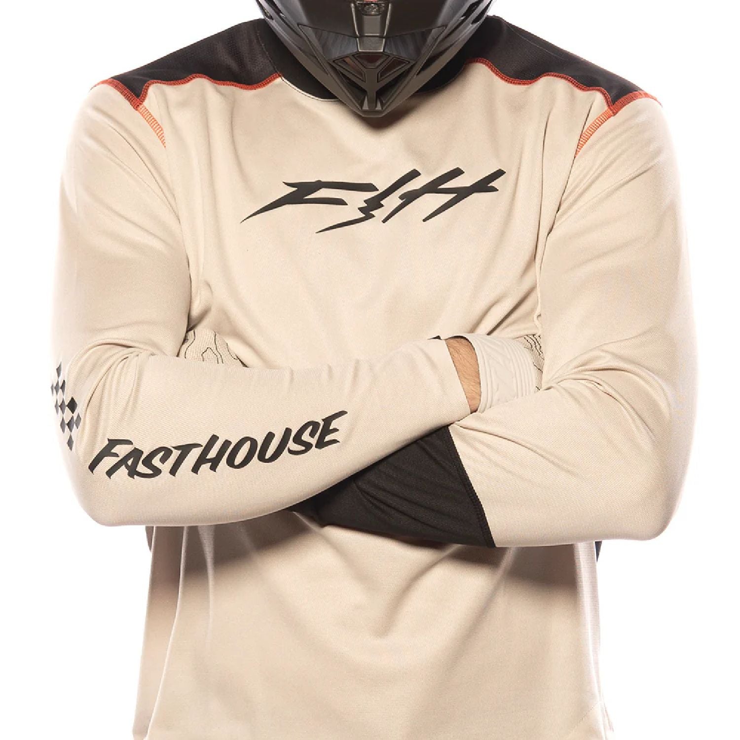 Cream long-sleeve motocross jersey with white logo and black diagonal sleeve panels