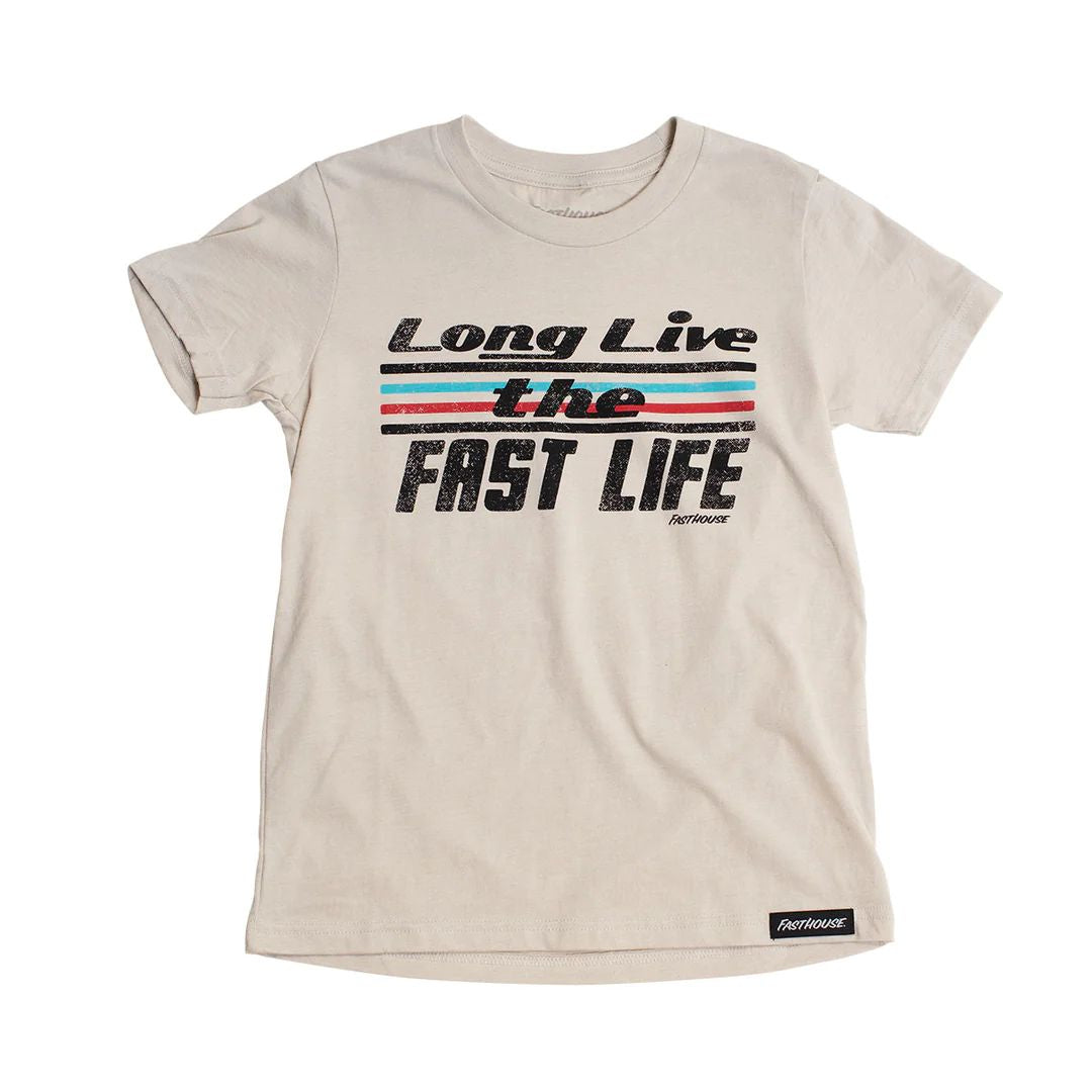 Girls' heather dust crop tee with Long Live Fast Life graphic and Fasthouse logo