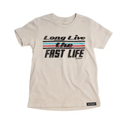 Girls' heather dust crop tee with Long Live Fast Life graphic and Fasthouse logo