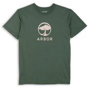 Hunter green short-sleeve T-shirt with Arbor tree logo print at center chest