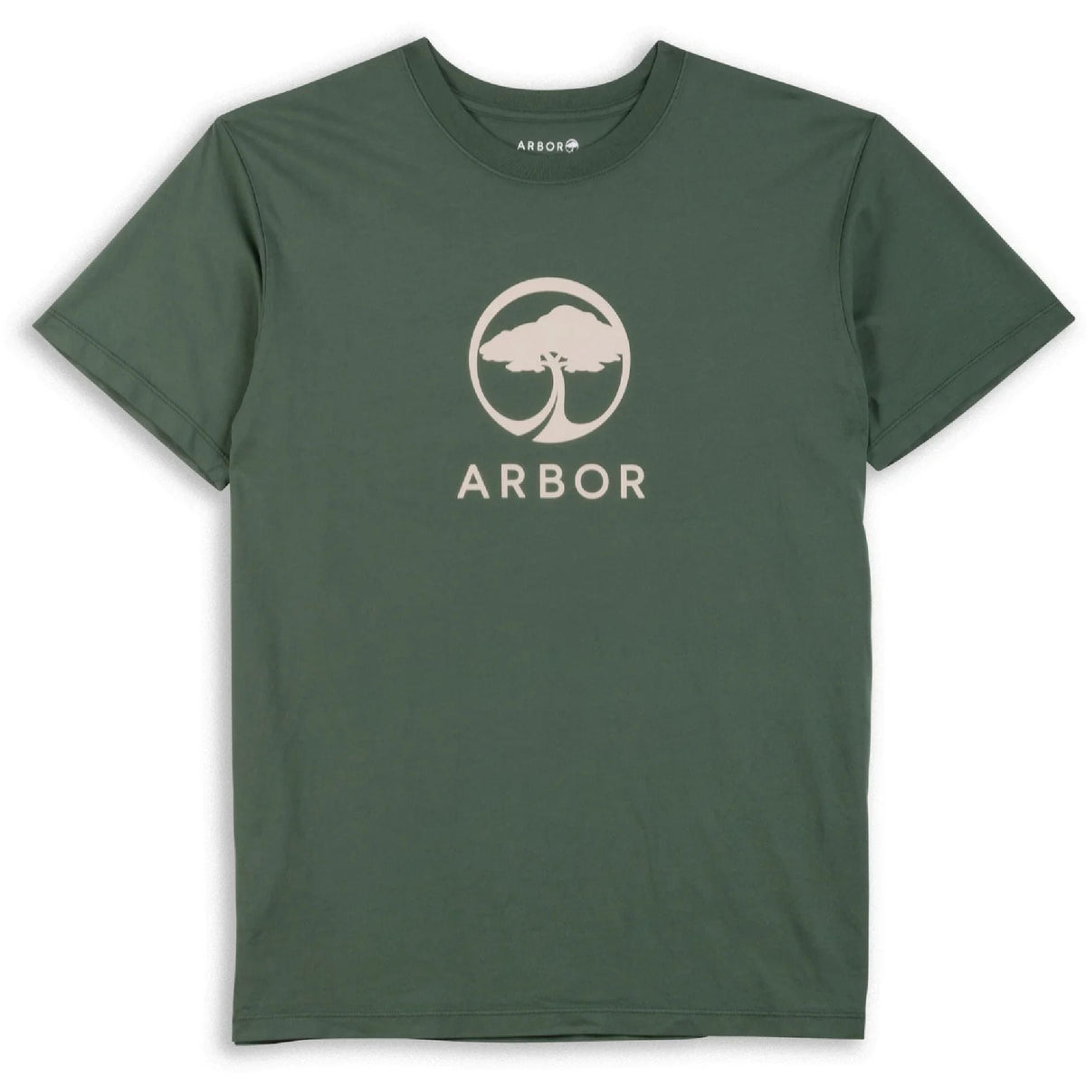 Hunter green short-sleeve T-shirt with Arbor tree logo print at center chest