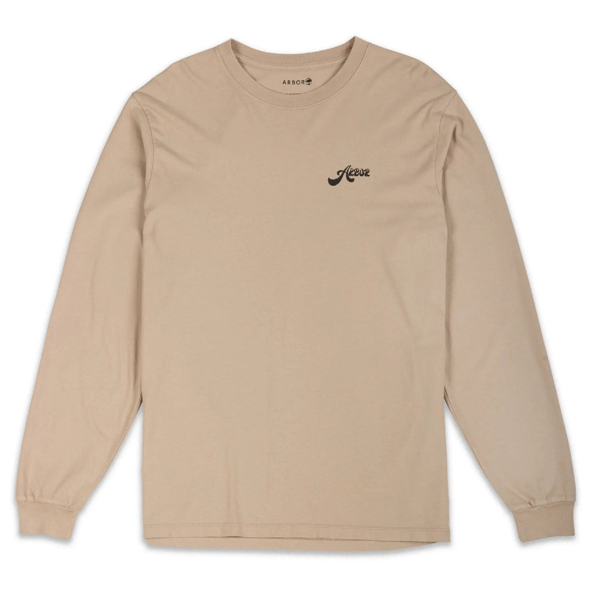 Oatmeal long-sleeve crewneck tee with small chest graphic