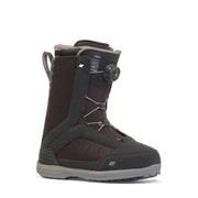 Black and dark brown snowboarding boot with lace harness and padded collar