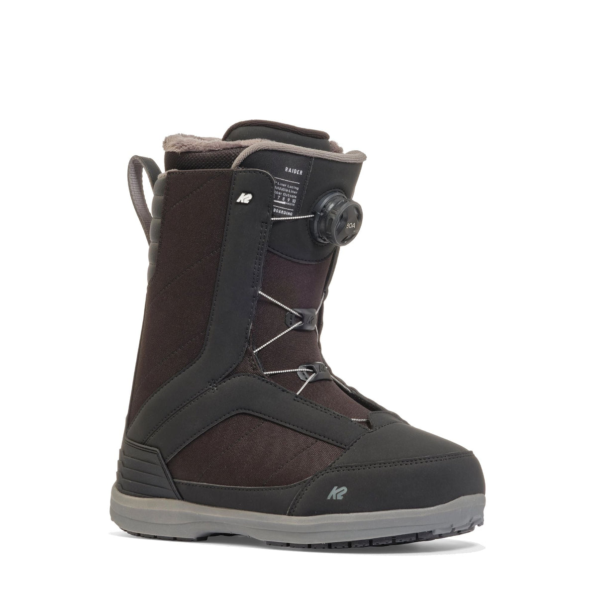 Black and dark brown snowboarding boot with lace harness and padded collar