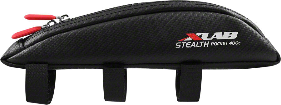XLAB Stealth Pocket 400c frame bag in black carbon, with top zipper and three mounting straps
