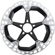 Center lock disc brake rotor, silver and black with 5-arm spider design