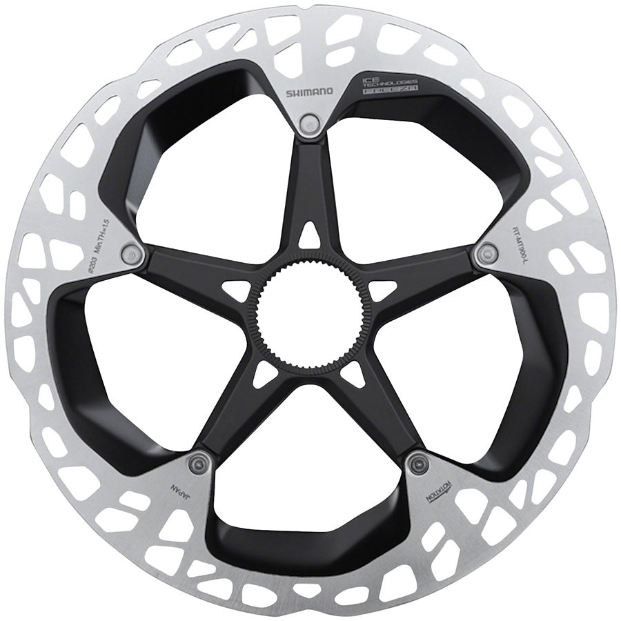 Center lock disc brake rotor, silver and black with 5-arm spider design
