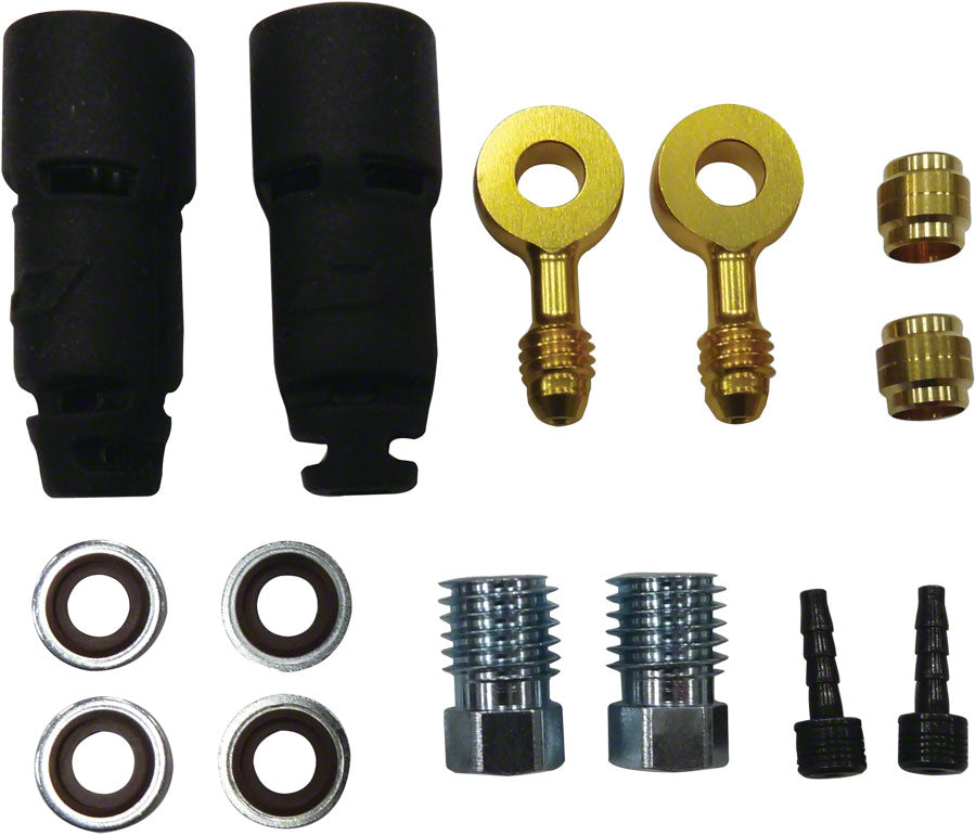 Hydraulic hose quick-fit adaptor kit with gold fittings, black seals, and washers