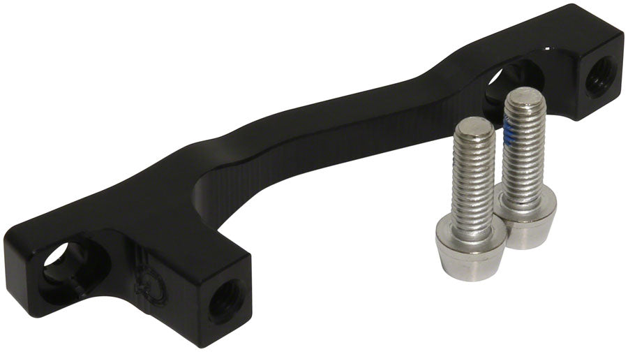 Black bike disc brake adaptor bracket with two mounting bolts