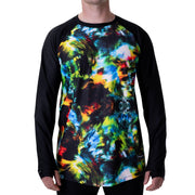 Multicolor long-sleeve base layer top with black raglan sleeves, crew neck