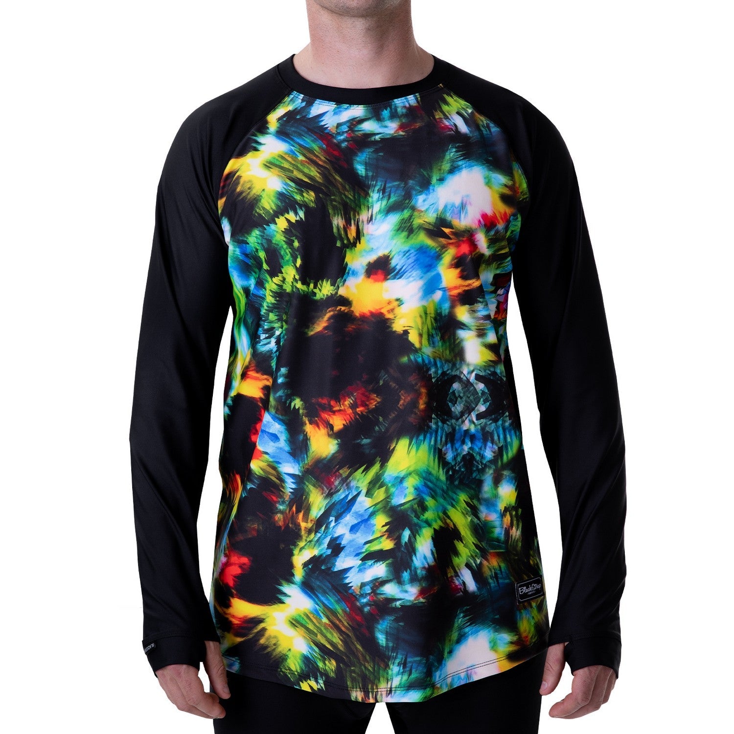 Multicolor long-sleeve base layer top with black raglan sleeves, crew neck