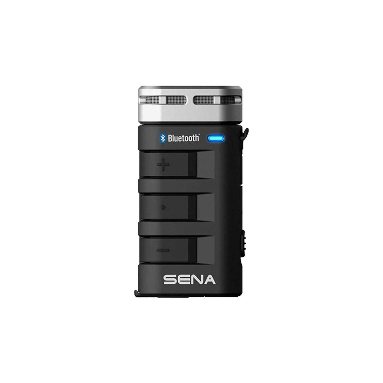 Sena Bluetooth mic and intercom unit, black device with silver top and blue indicator light