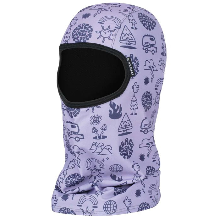 Printed sock hood balaclava with lilac pattern and black face opening