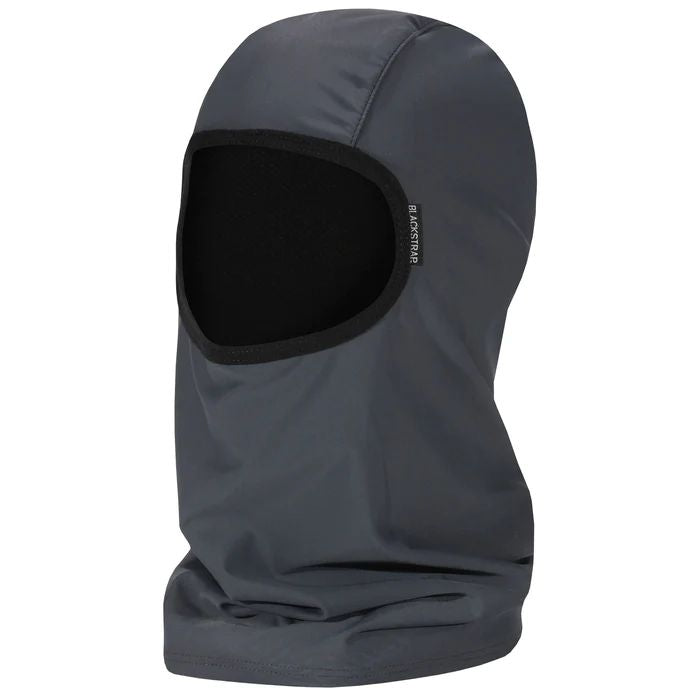Gray sock hood balaclava with black face opening and small side branding