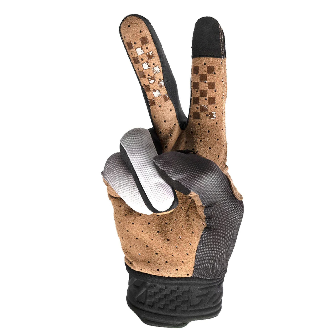Black and gray glove with tan speckled back, white stripe panel, textured wrist cuff