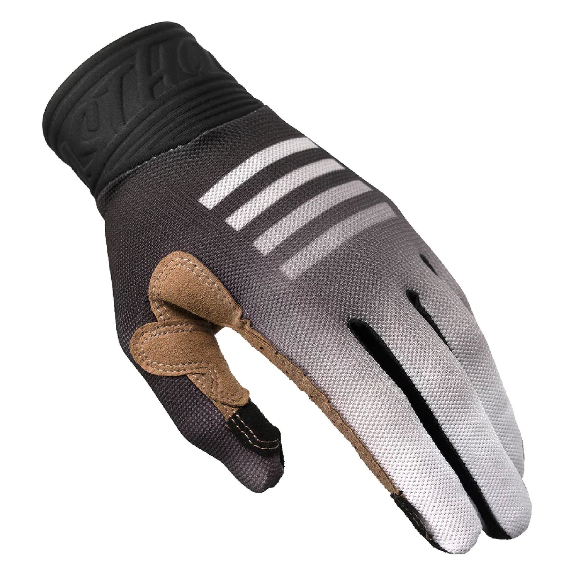Gray cycling glove with black cuff, white stripe graphic, tan palm patch, curved fingers