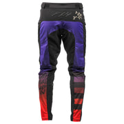 Multicolor riding pants with purple seat panel and red-and-black lower leg graphics